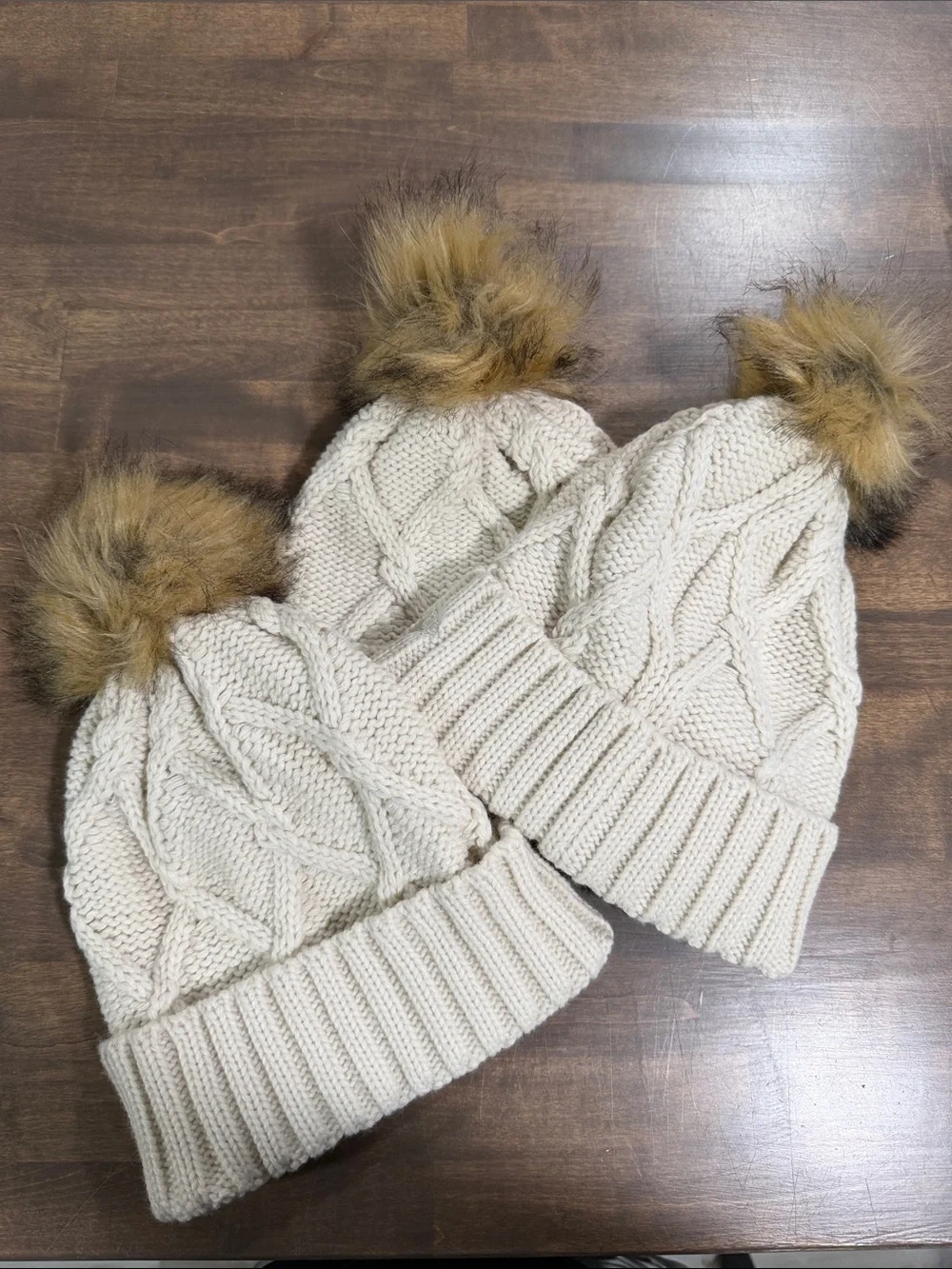 Cream Cable Knit Pom Beanie - Faux Fur Pom